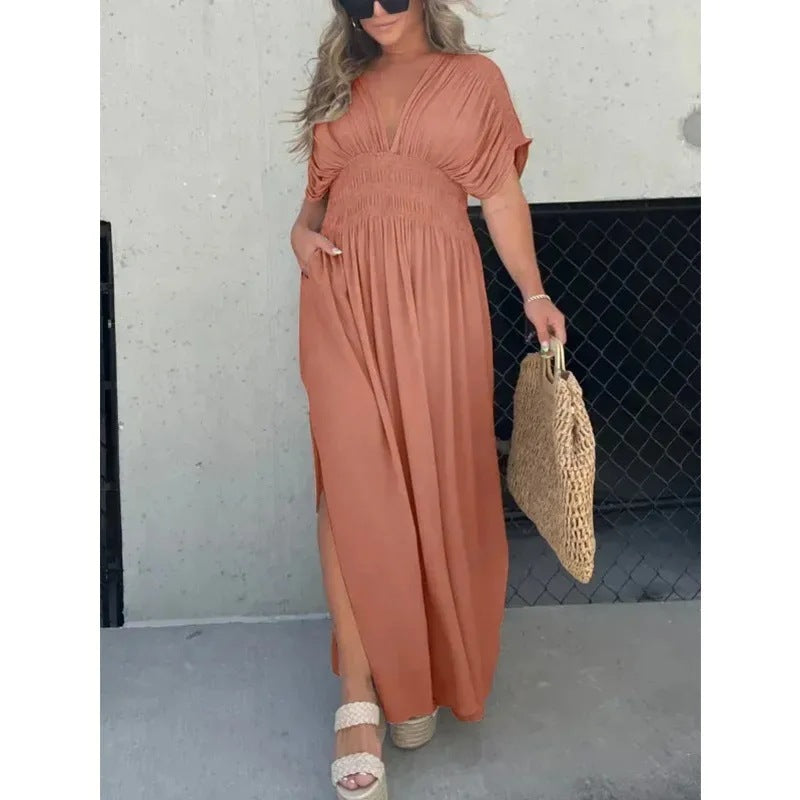 Bat-sleeved V-neck Slit Elastic Waist Long Dress