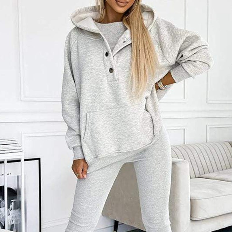 3pc Set Suit Loose Hooded Pockets Sweatshirt And Vest And Slim Trousers