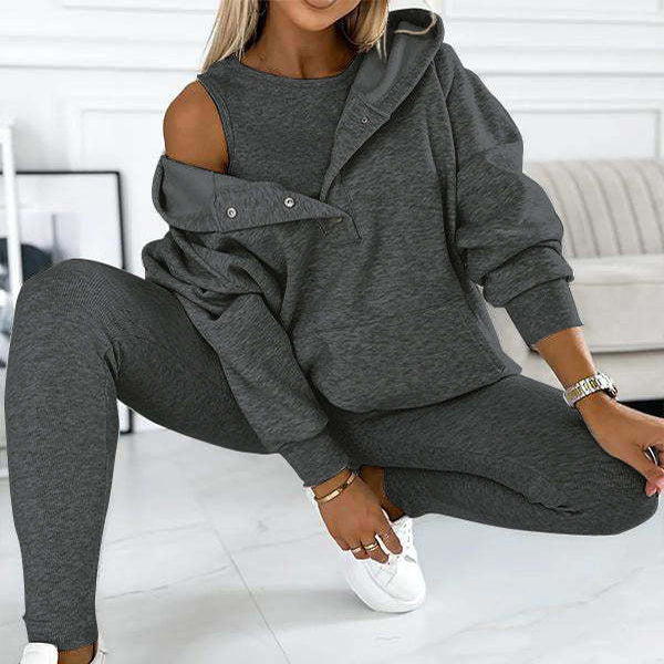 3pc Set Suit Loose Hooded Pockets Sweatshirt And Vest And Slim Trousers
