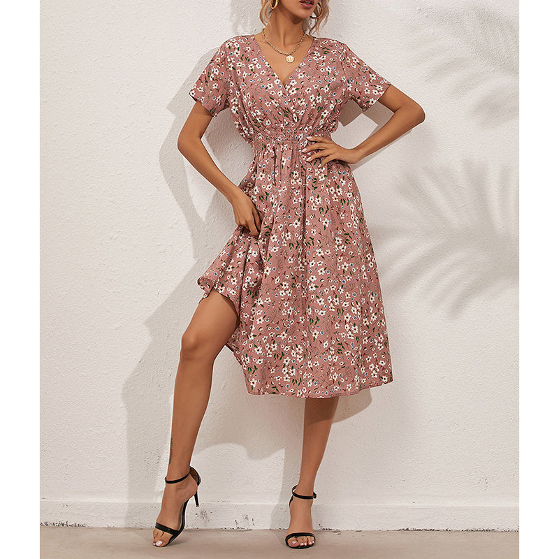 Boho V Neck Floral Print Short Sleeve Mini Dress Cute Smocked Waist Short Dress
