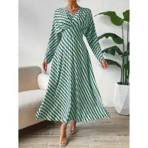 Geometric Printed V-neck Long-sleeved, Cinched-waist Elegant professional