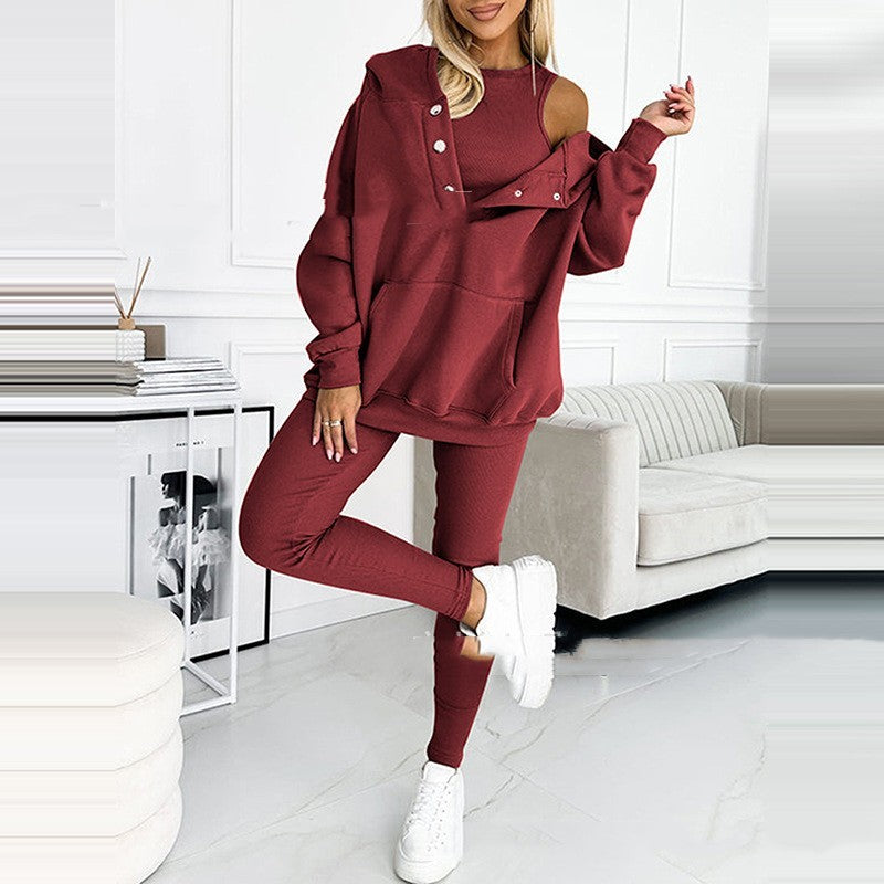 3pc Set Suit Loose Hooded Pockets Sweatshirt And Vest And Slim Trousers