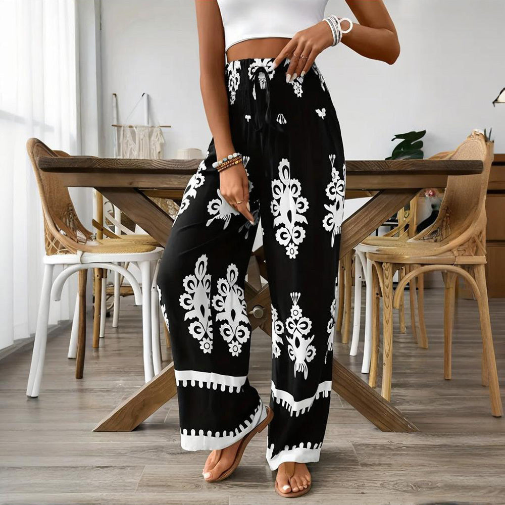 Elegant Women's High-Waisted Wide-Leg Pants With White Geometric Print Fashionable & Casual Summer Trousers