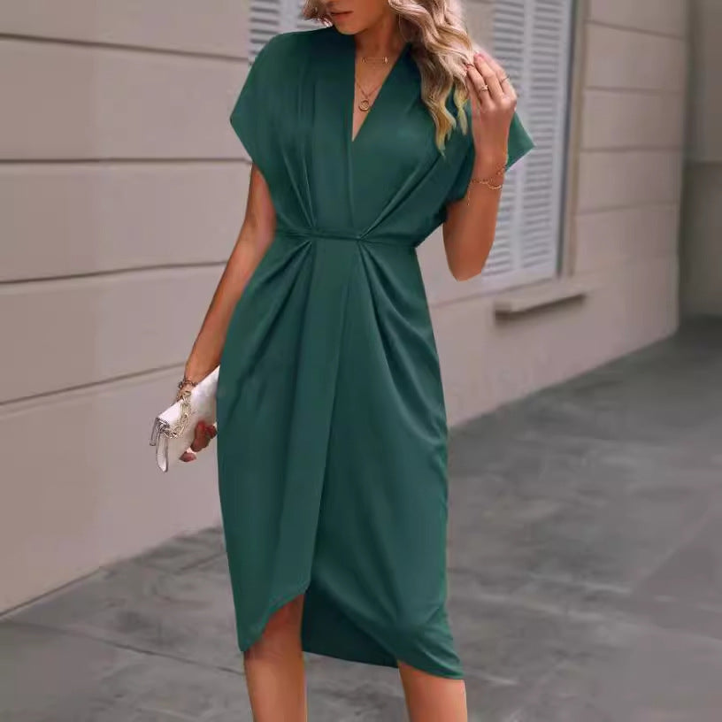 Batwing Sleeve Dress V-neck Short Sleeve Pleated Dresses