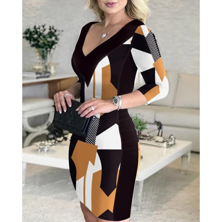 Printed Wrap Hip Skirt V-neck Dress
