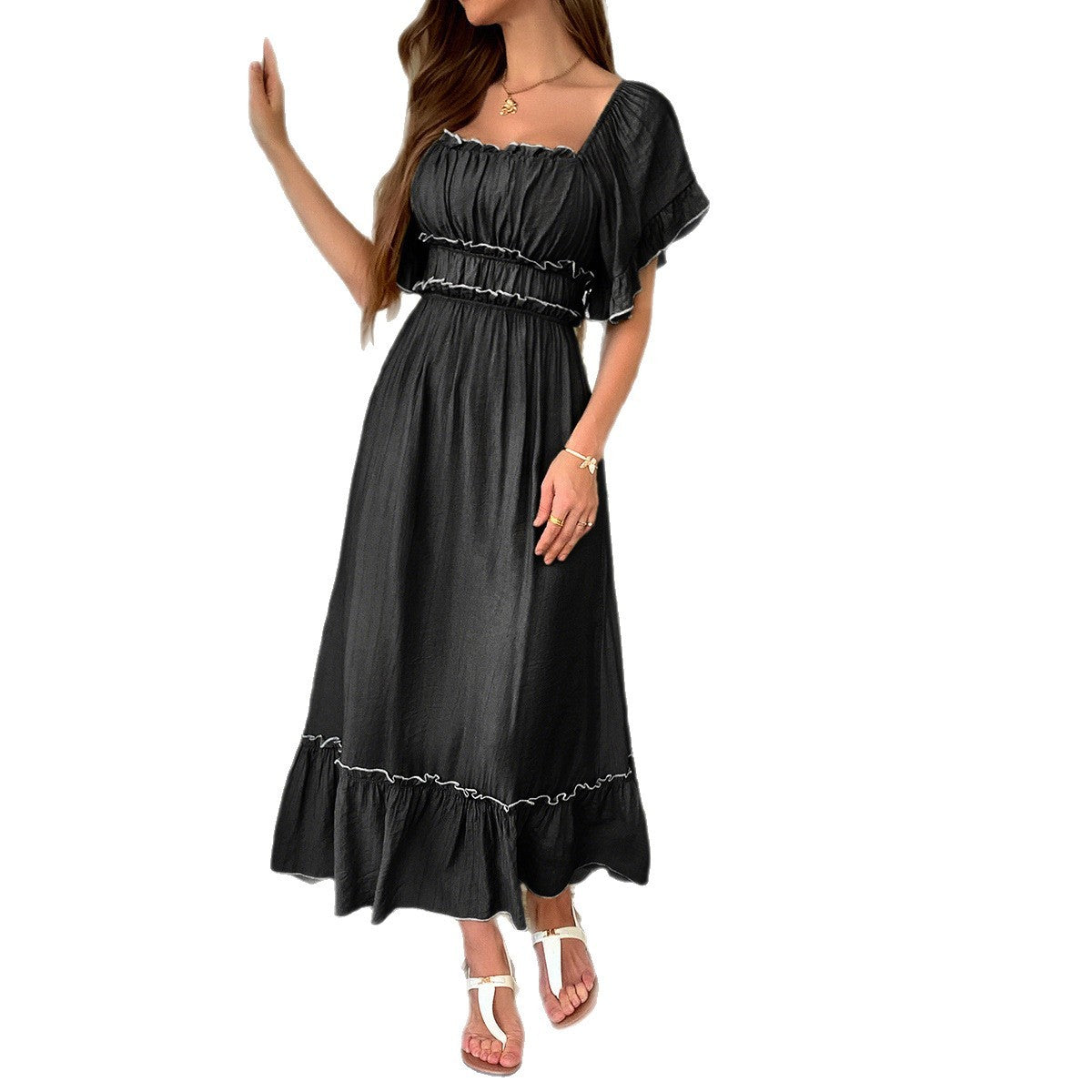 Leisure Vacation Style Stringy Selvedge Short Sleeve Dress