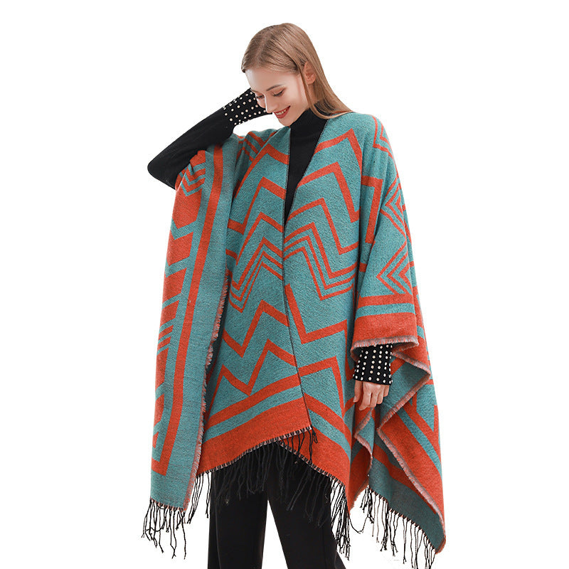 Fashionable With Side-slit Shawl Cape Herringbone Wave Scarf Shawl