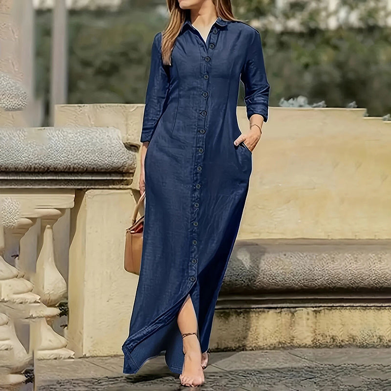 Casual Button Down Denim Maxi Dress Long Sleeve Long Jean Dresses With Pockets