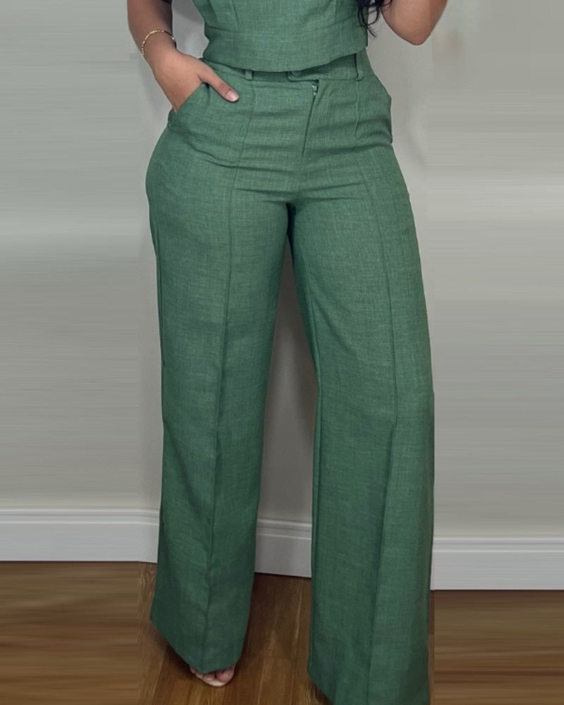 Sleeveless Suit Fashion Round Neck Vest Top And Pocket Straight Pants Casual Trousers Set For Women Clothing