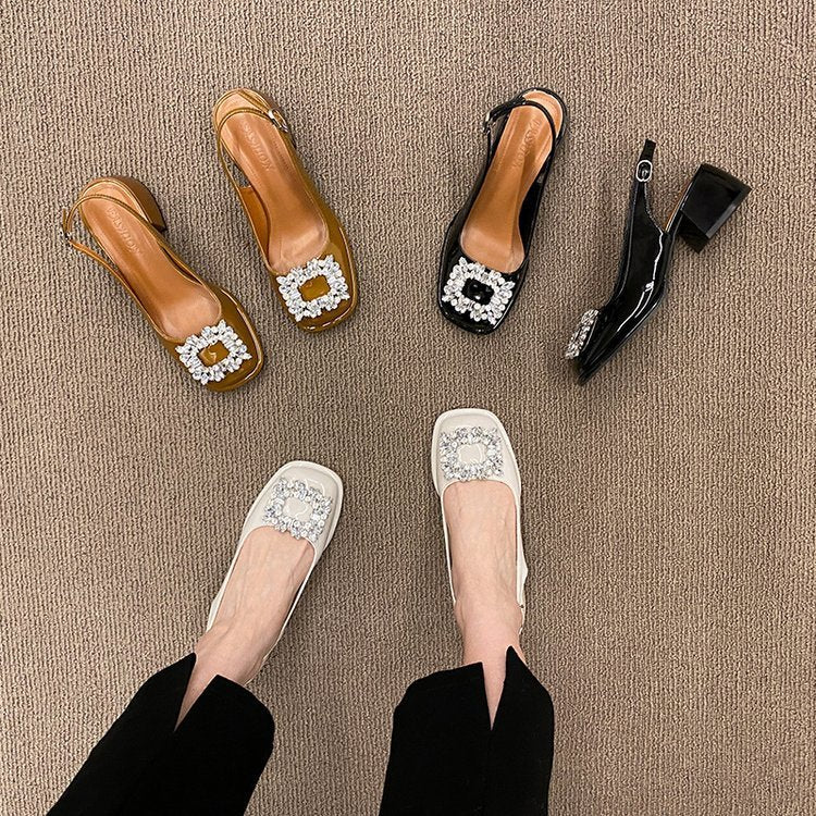 French Retro Rhinestone Buckle Chunky Heel Elegant Sandals