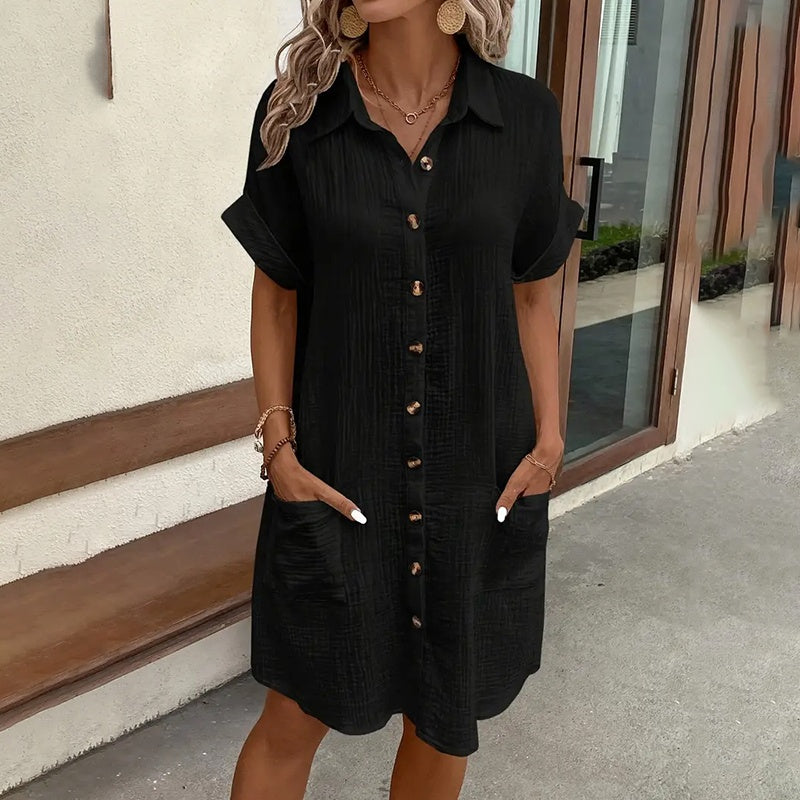Casual Collar Button Down Short Sleeve Tunic Shirt Dress With Pockets