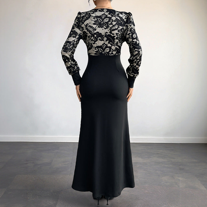 Retro V-neck Lace Stitching Long Sleeve Dress