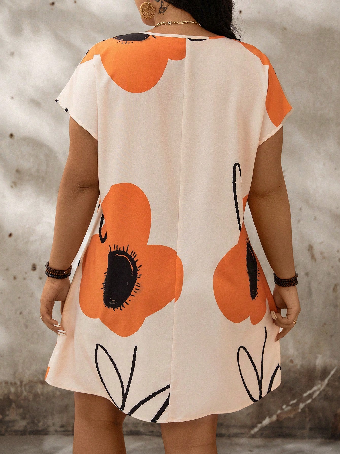 Plus Size Floral Print Notch Neck Batwing Sleeve Summer Dress