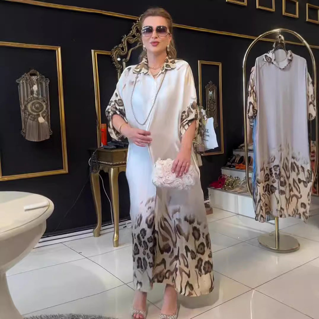 Printed Long Sleeve High Waist Temperament Vintage Robe Dress
