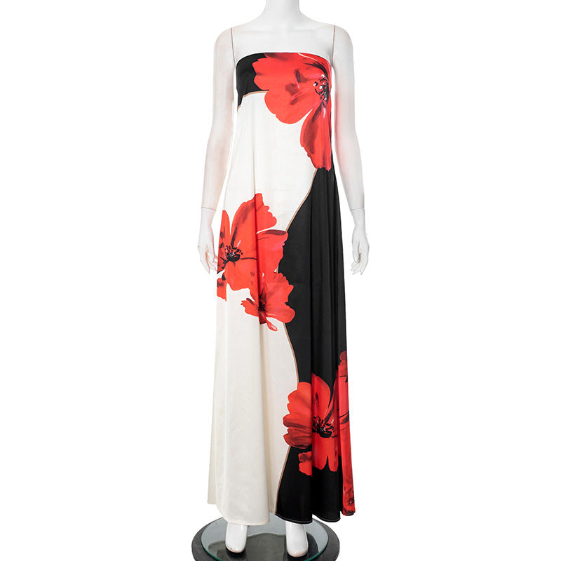 Contrast Color Sleeveless Print Tube Top Length Dress