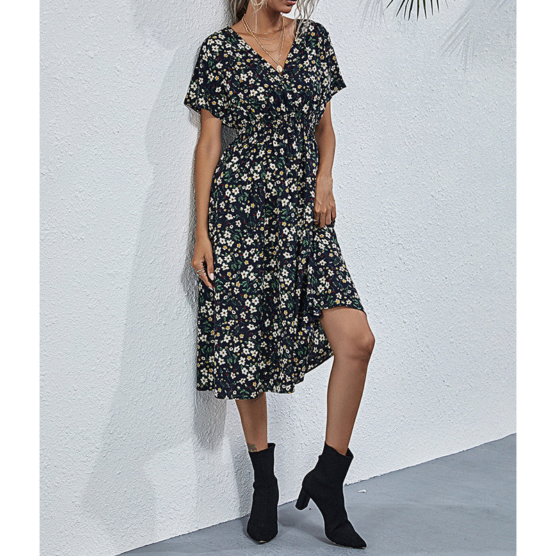 Boho V Neck Floral Print Short Sleeve Mini Dress Cute Smocked Waist Short Dress