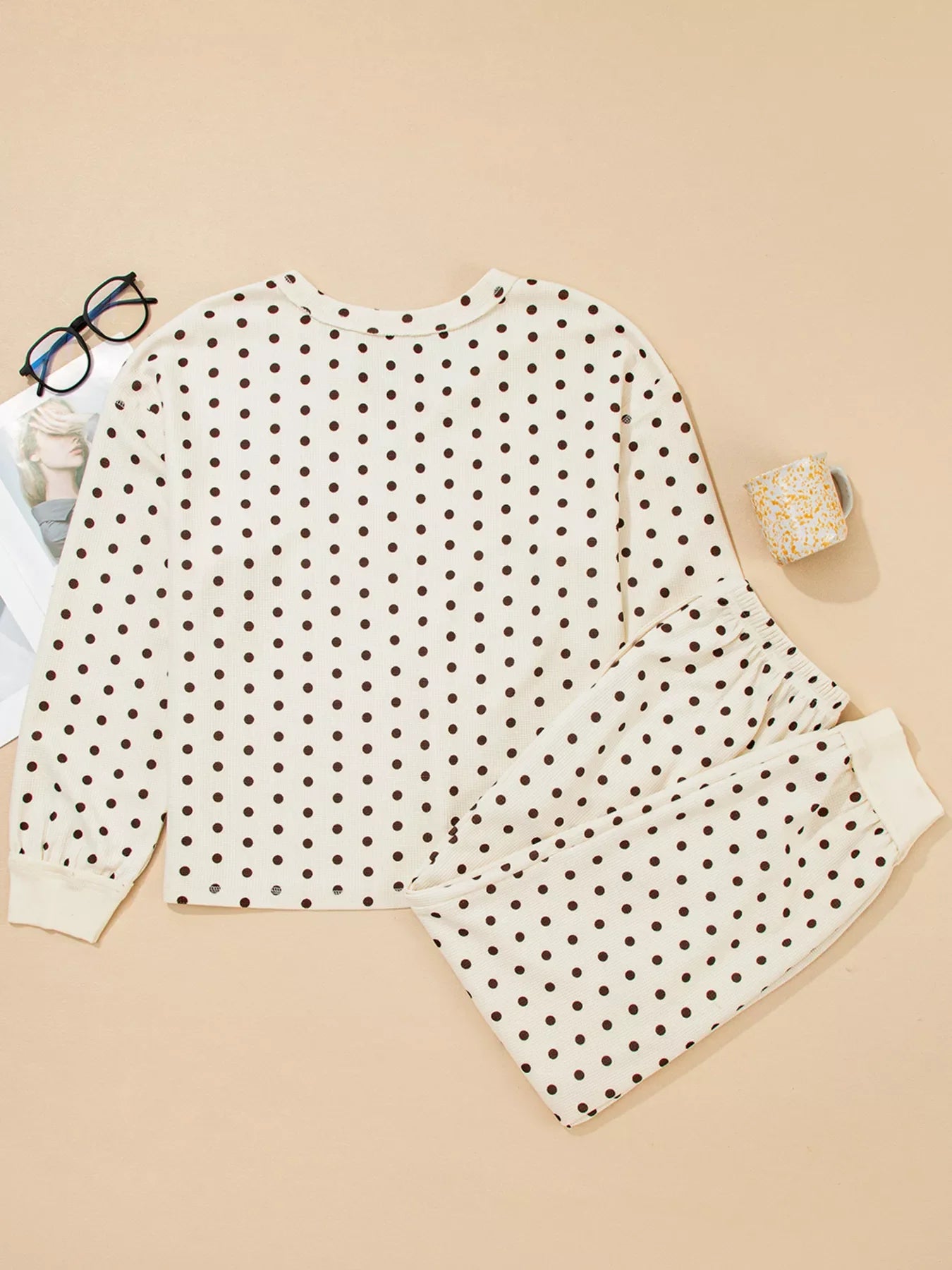 Polka Dot Notched Long Sleeve Top and Drawstring Loungewear Set
