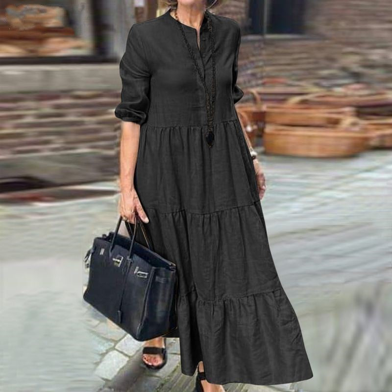 Women's Solid Color Wide Hem Casual Loose Lapel Cotton Linen Long Dress