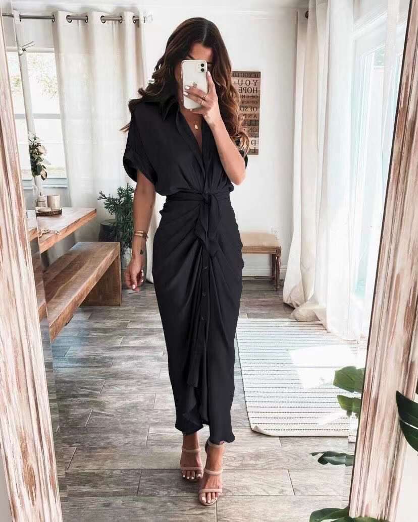 Short Sleeve Cuff Button down Collar V-neck Long Dress