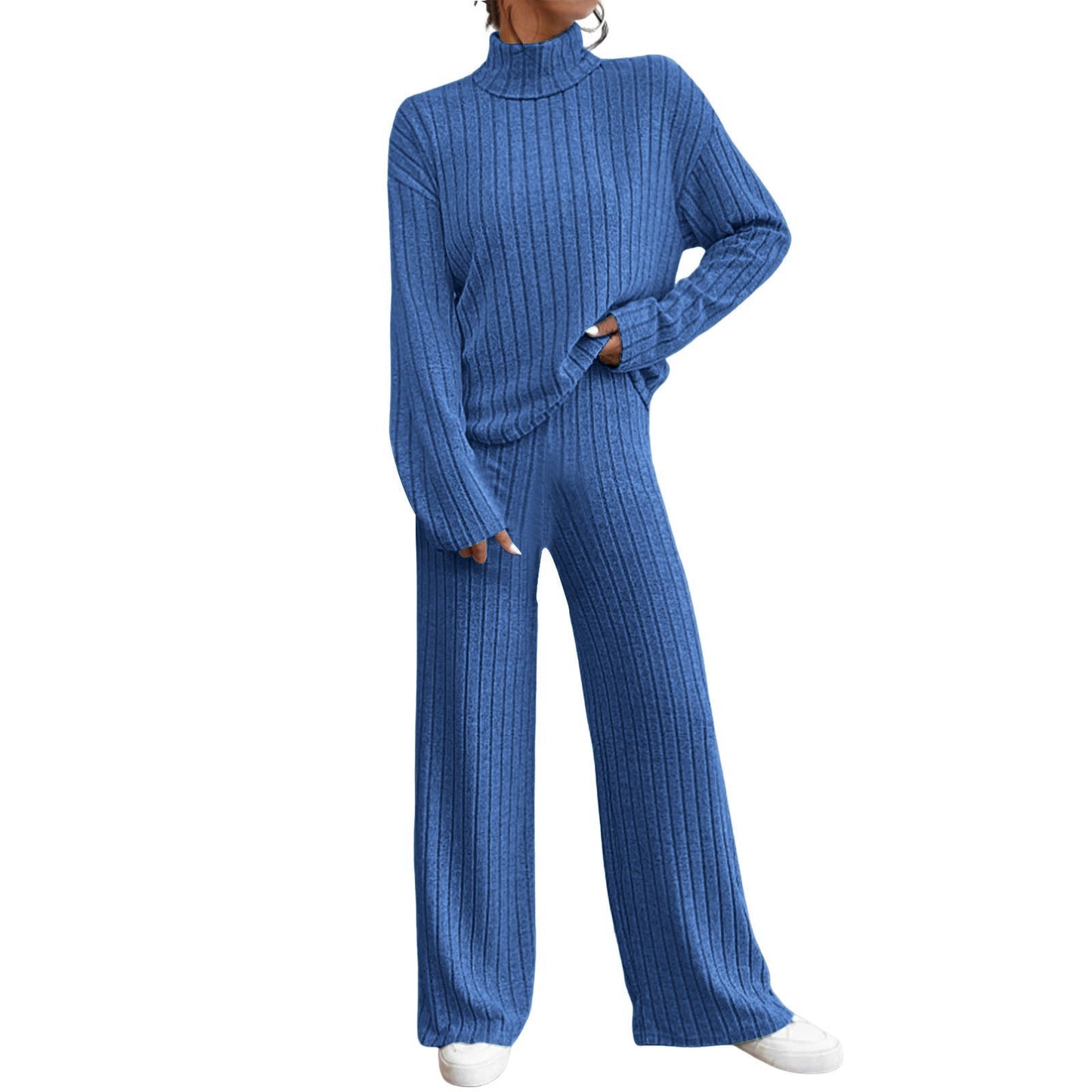 r Leisure Turtleneck Knitting Long-sleeve Suit Women's Sweater Loose Trousers Two-piece Set