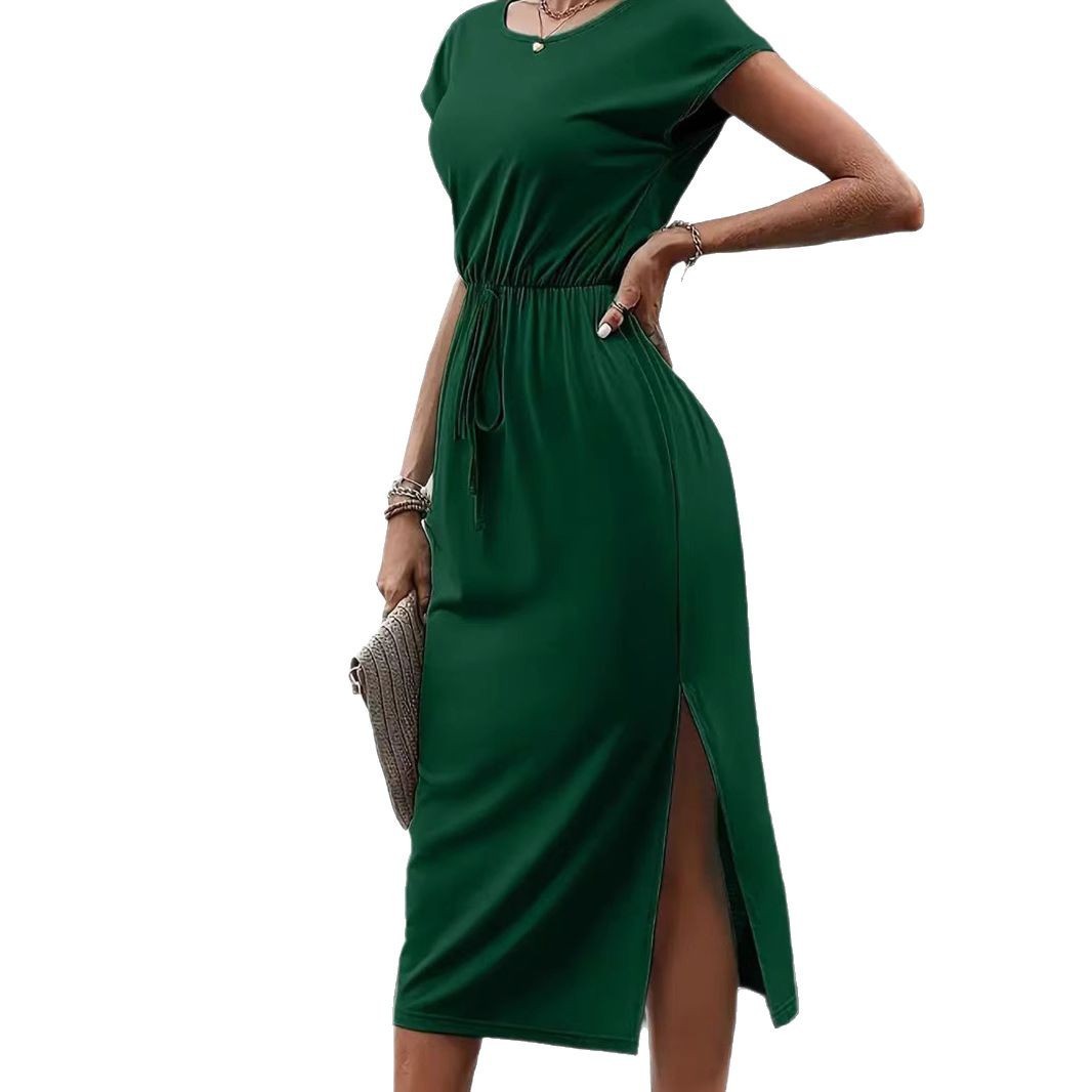 Casual Cinched Waist Slim-fit Round Neck Short Sleeve Dress
