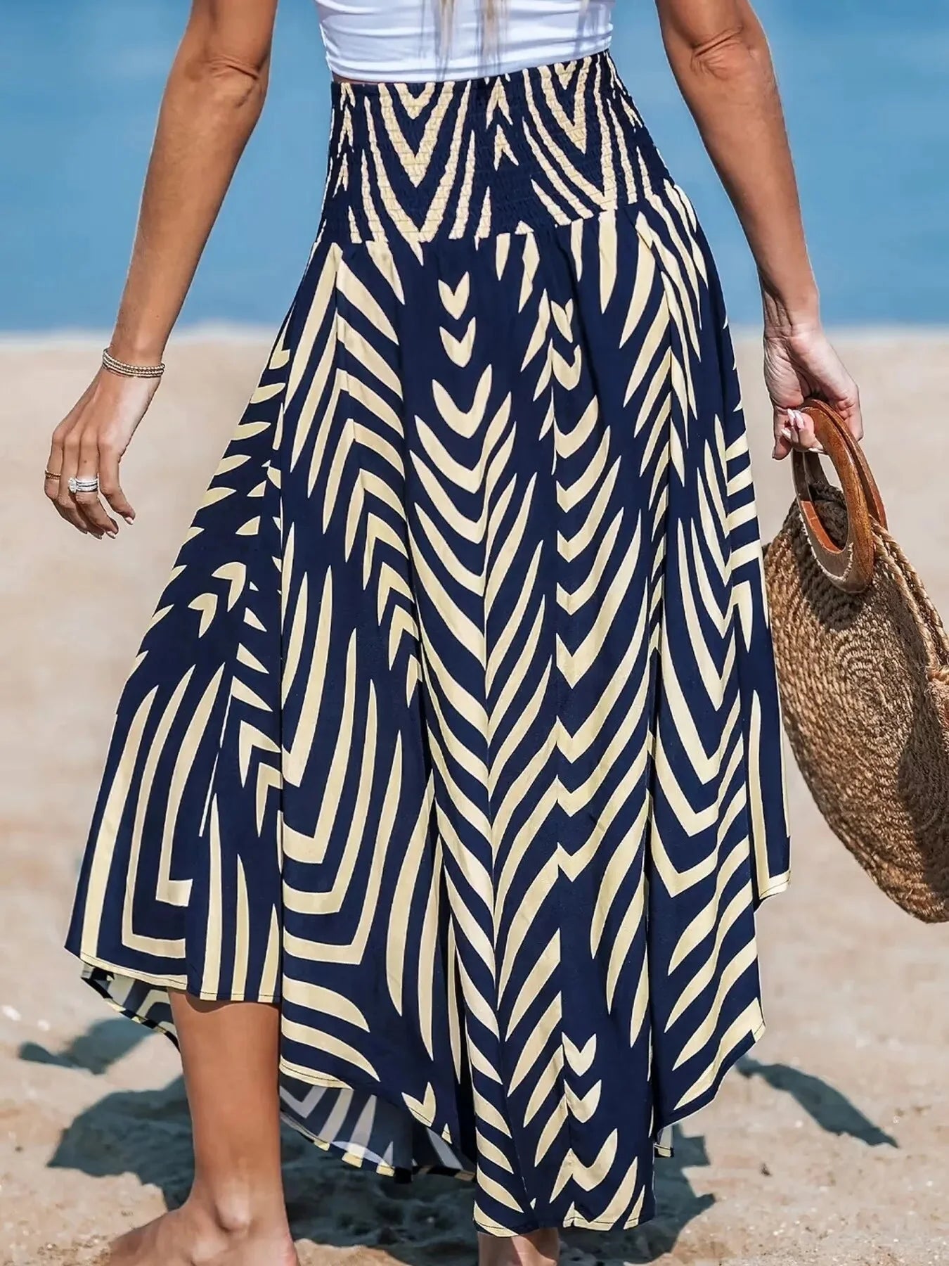 Navy and Cream Smocked Chevron Print High Waist Maxi Skirt