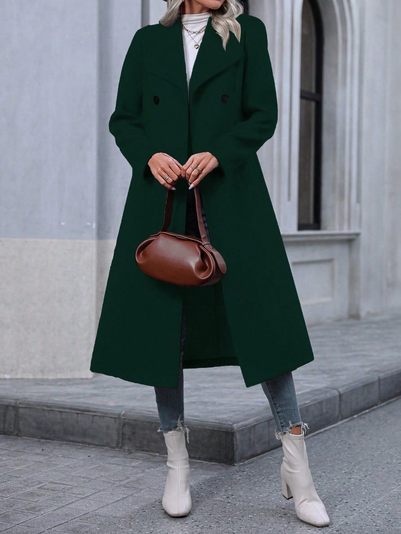 Double-breasted Long-sleeve Faux Wool Long Coat.