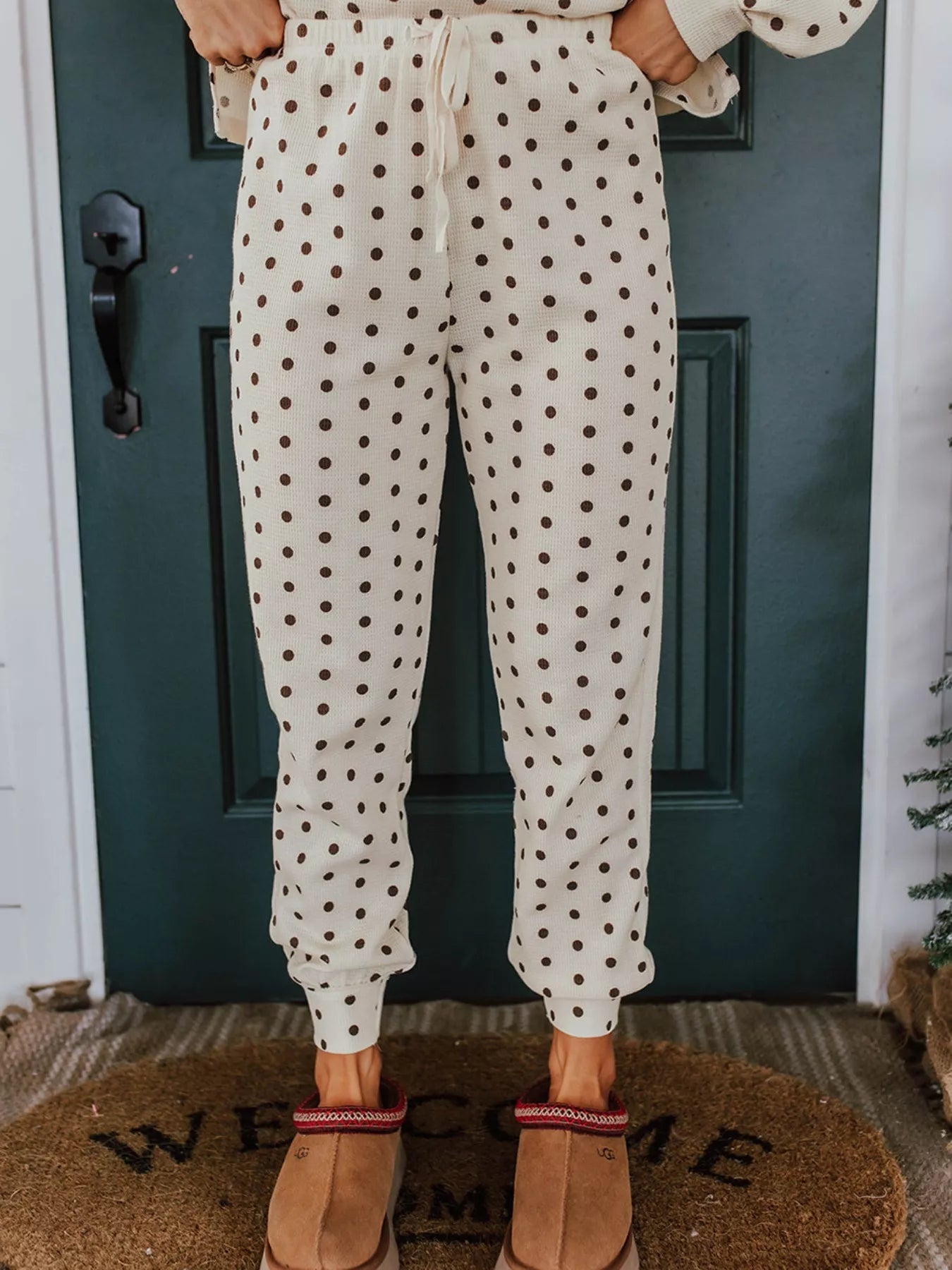 Polka Dot Notched Long Sleeve Top and Drawstring Loungewear Set