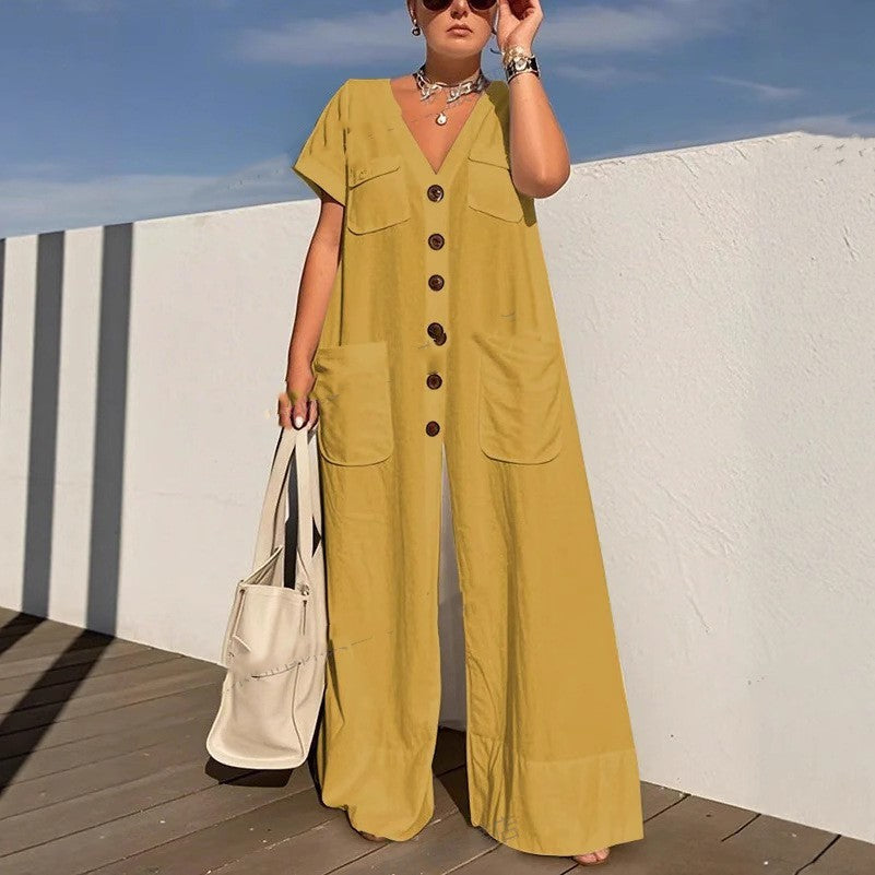 Single-breasted Pocket Elegant Solid Color Jumpsuit