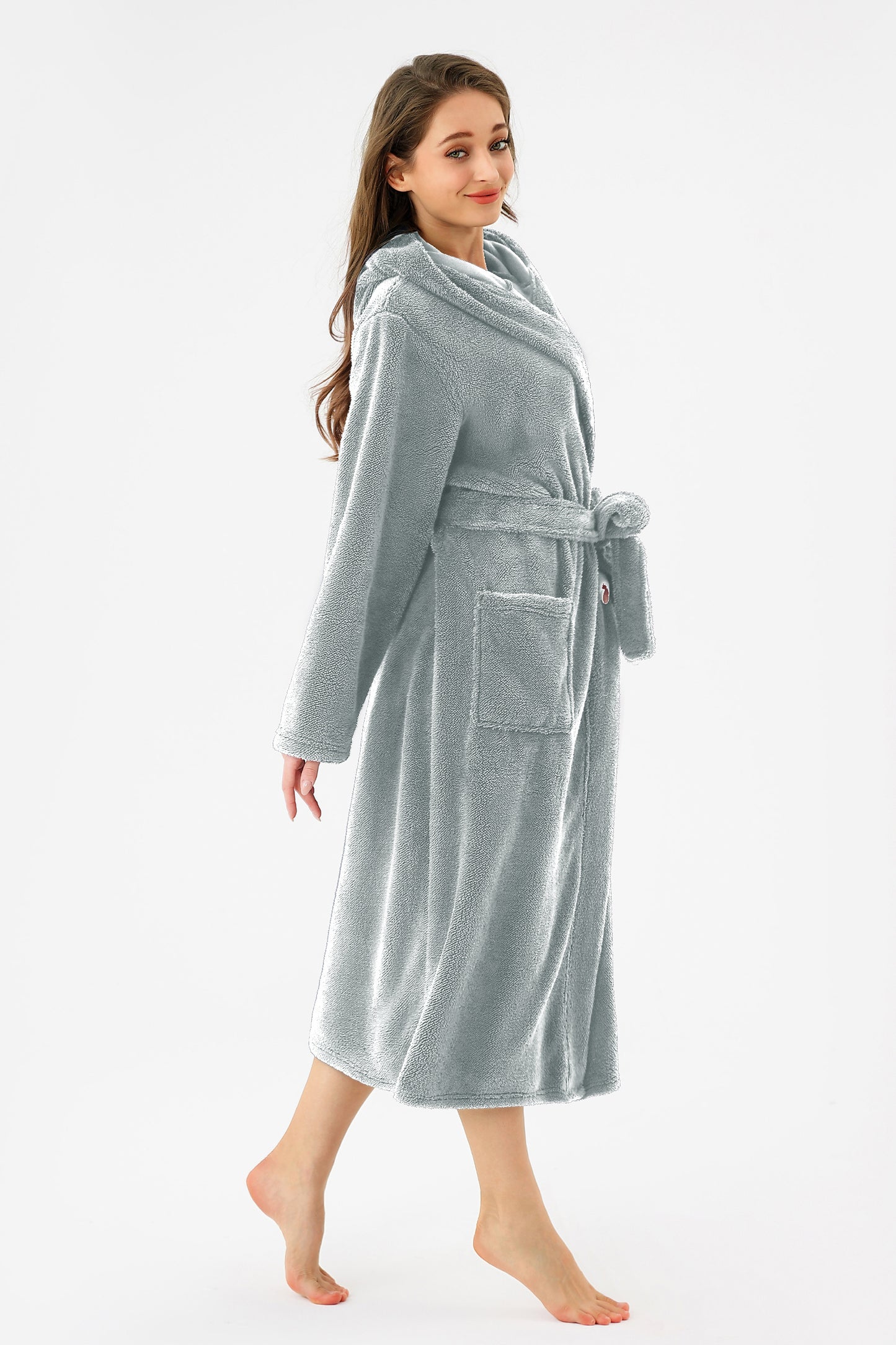 RONGTAI Womens Hooded Robe Long Plush Fleece Bathrobe With Pockets Nightwear S-XXL