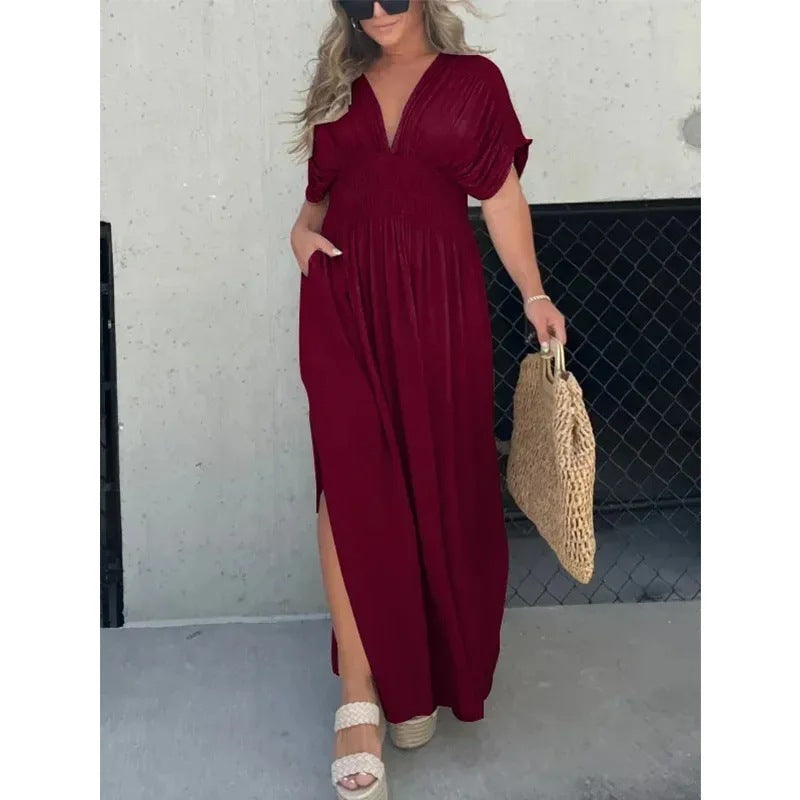 Bat-sleeved V-neck Slit Elastic Waist Long Dress