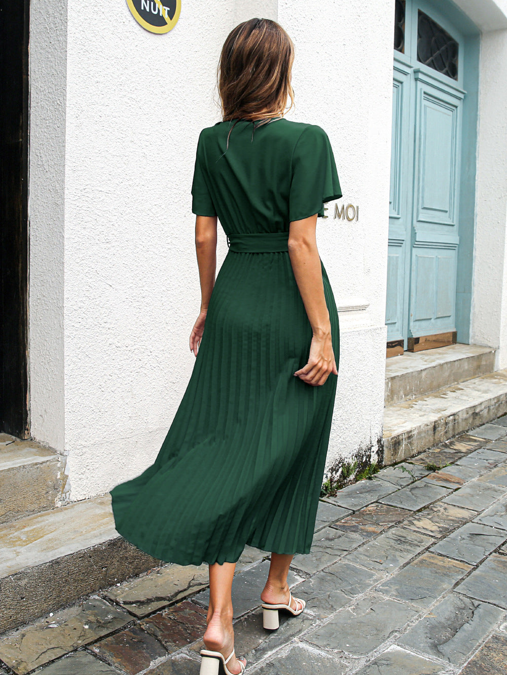 Spring Summer Casual Lotus Leaf Sleeves Lace-up Pleated Chiffon Maxi Dress