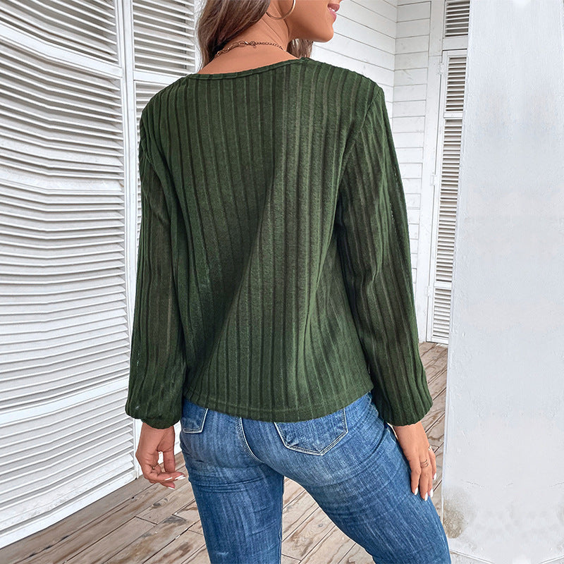 Fall V-neck Women's Top Texture Sunken Stripe Long-sleeved Sweater