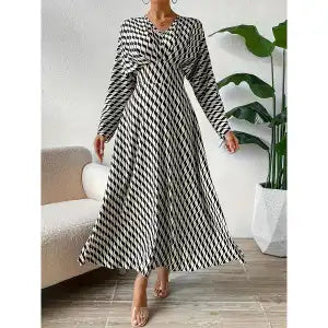 Geometric Printed V-neck Long-sleeved, Cinched-waist Elegant professional