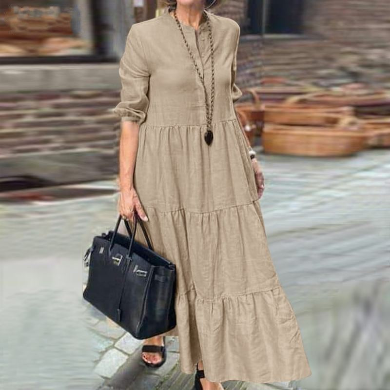 Women's Solid Color Wide Hem Casual Loose Lapel Cotton Linen Long Dress