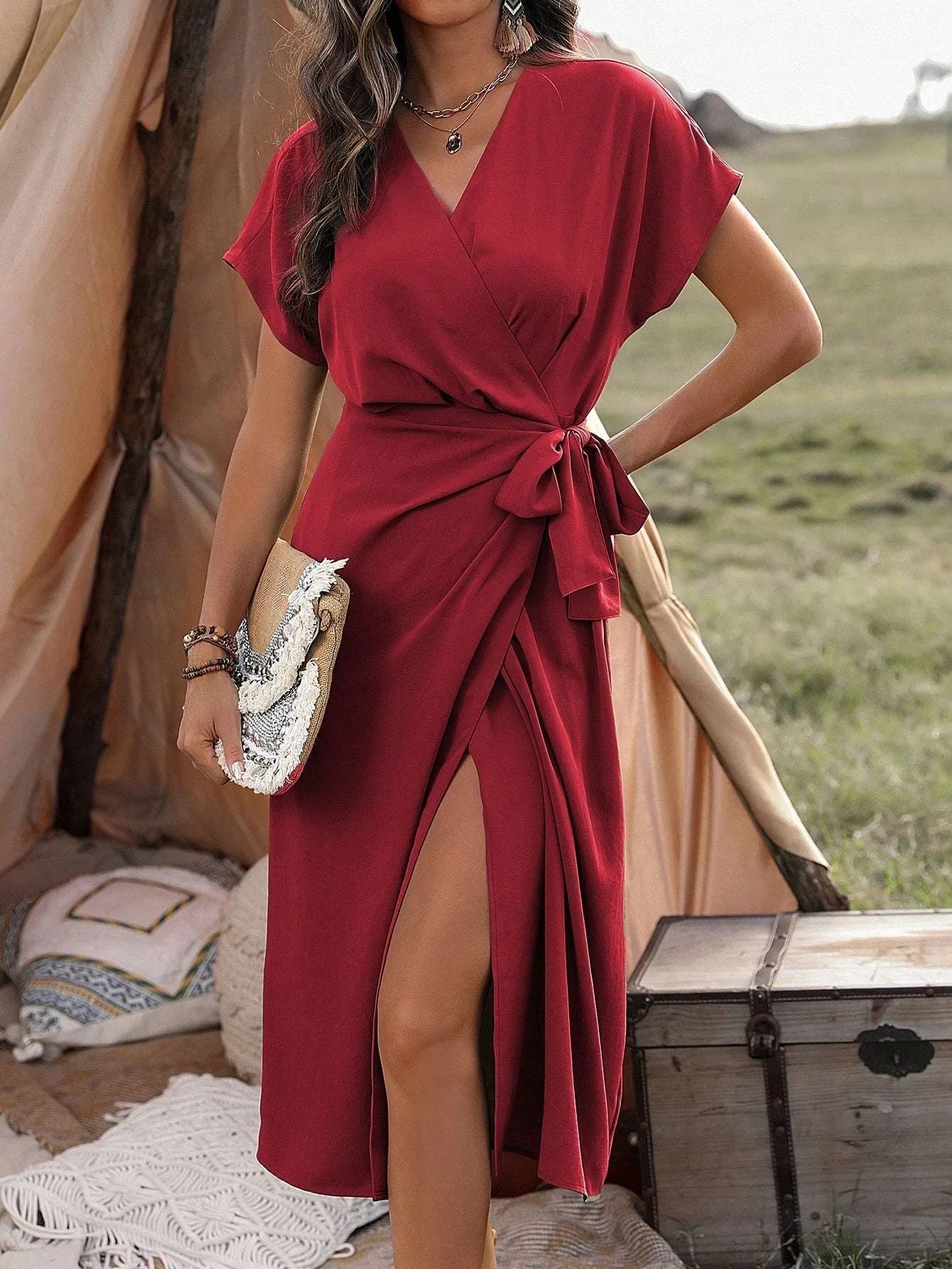 Commuting Fashion Forged Split Women's Solid Color Wrap Suspender Dress