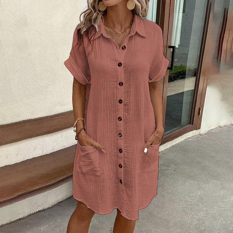 Casual Collar Button Down Short Sleeve Tunic Shirt Dress With Pockets