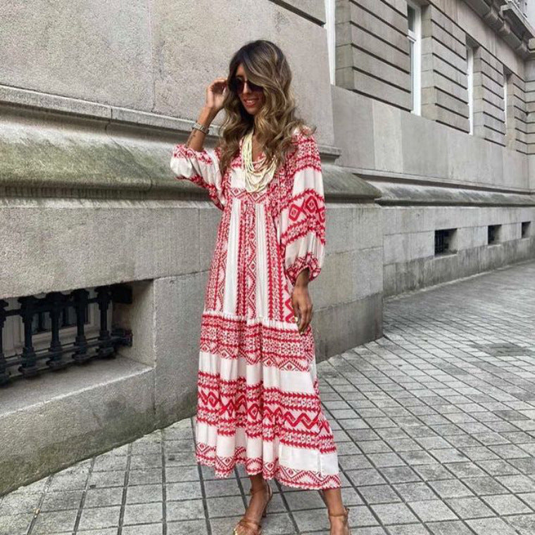 Vintage Printed Bohemian Dress Elegant Ladies Casual Loose V-Neck Short Sleeve Long Dresses