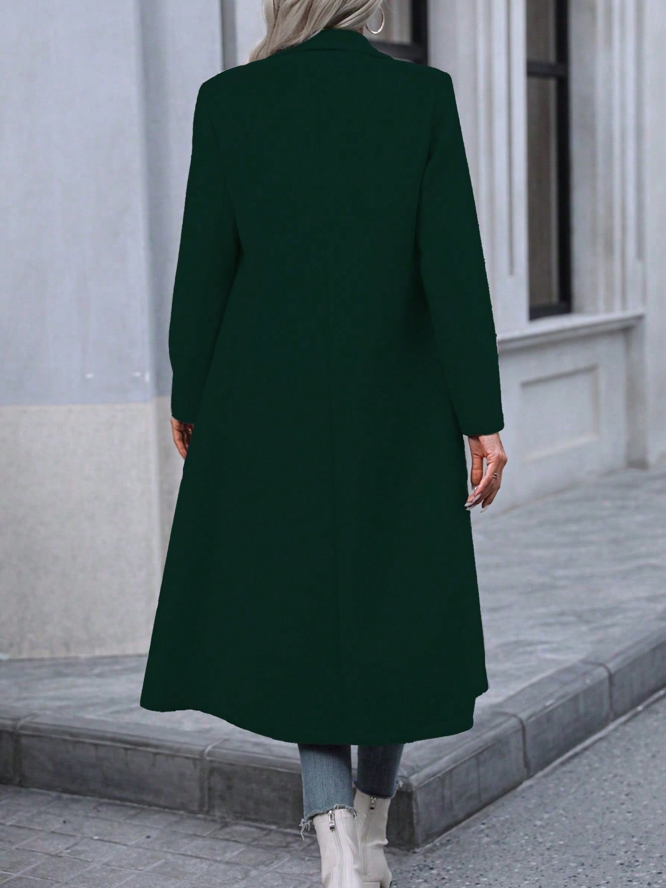 Double-breasted Long-sleeve Faux Wool Long Coat.
