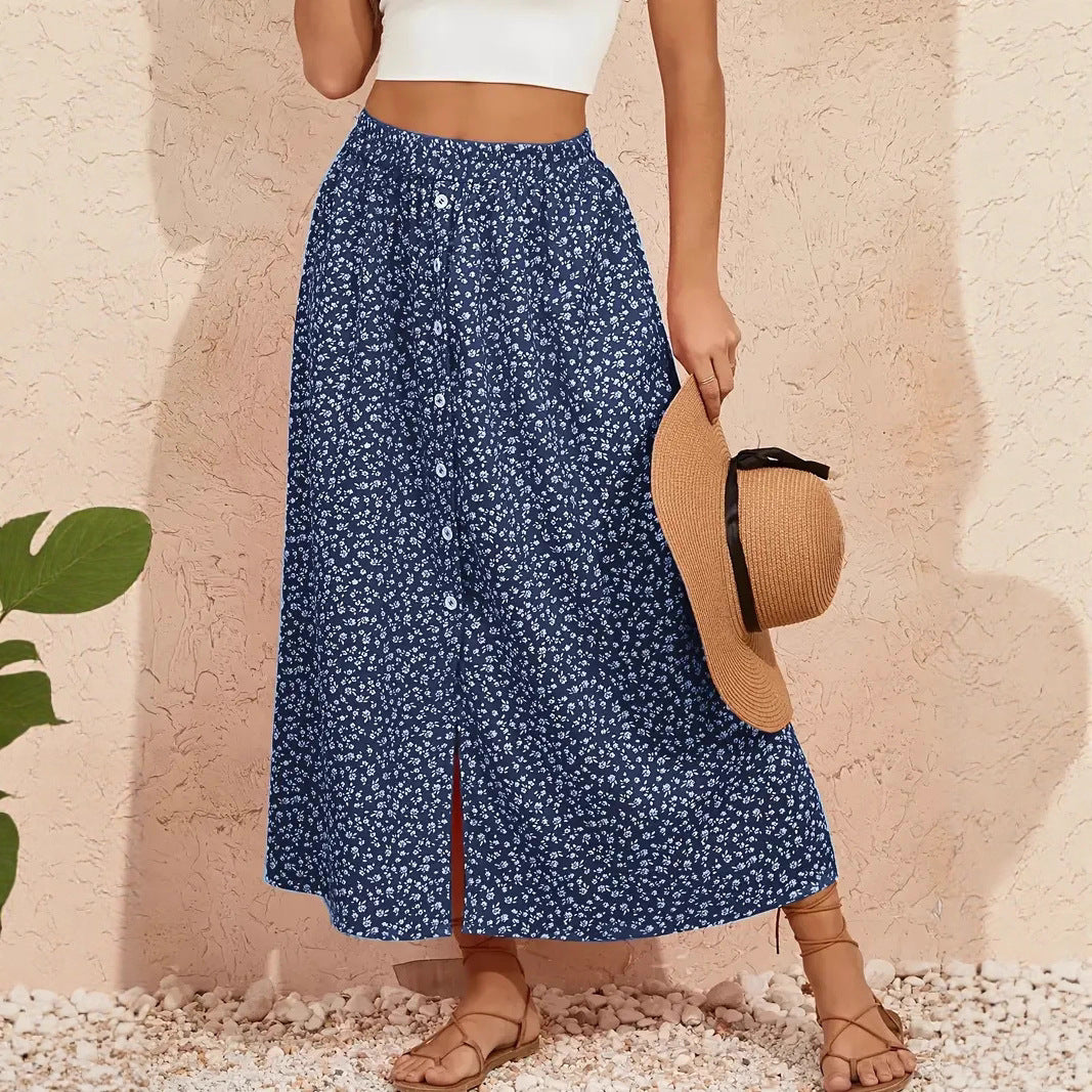 European And American Printed Breasted Self-tie Summer Pastoral A- Line Skirt Advanced Skirt
