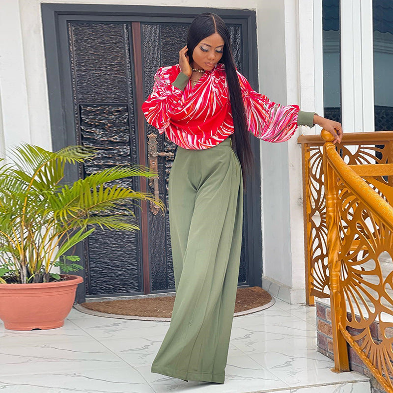 Printed Lantern Sleeve Shirt Wide-leg Suit