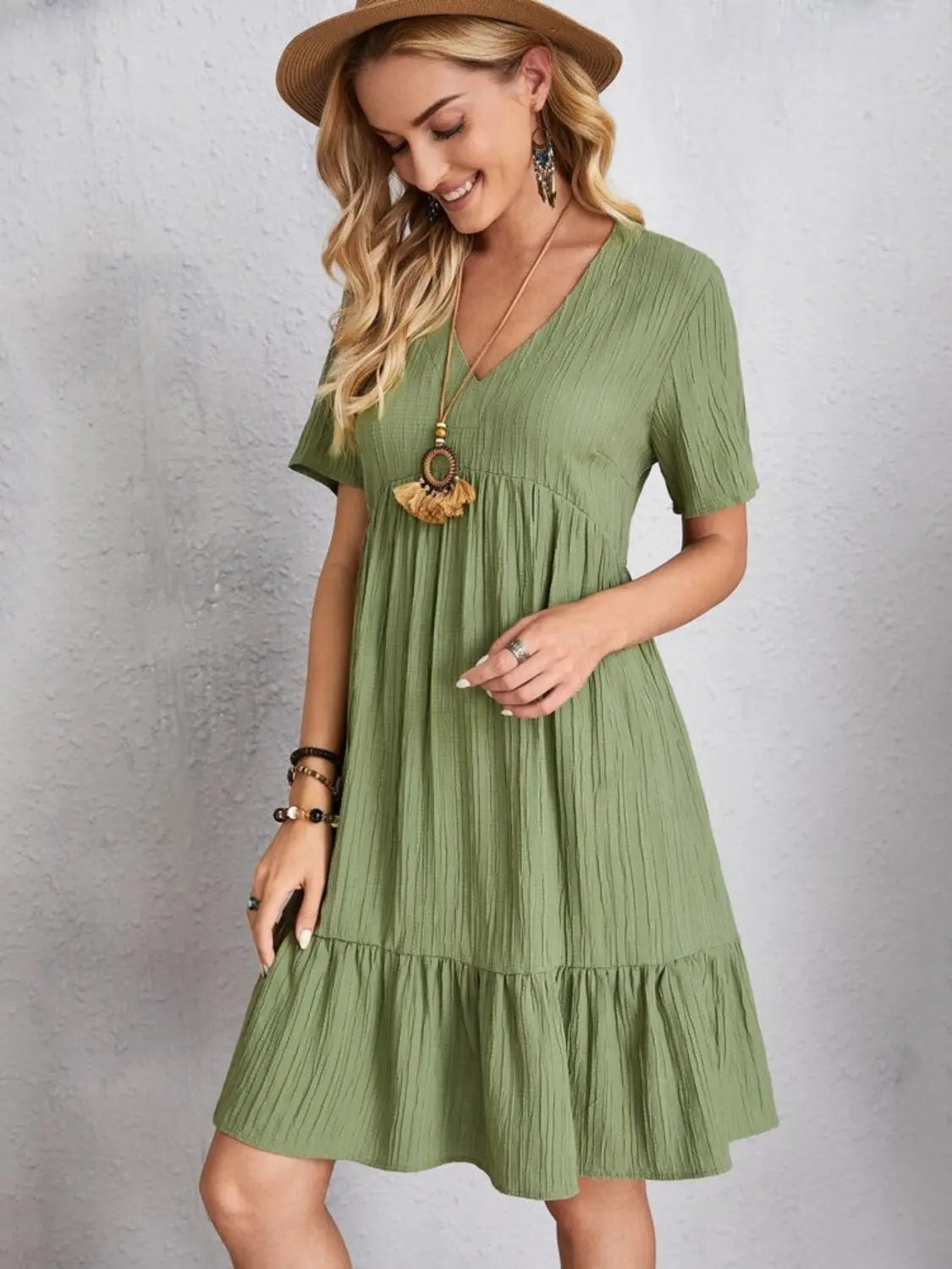 Boho Textured V-Neck Short Sleeve Babydoll Dress