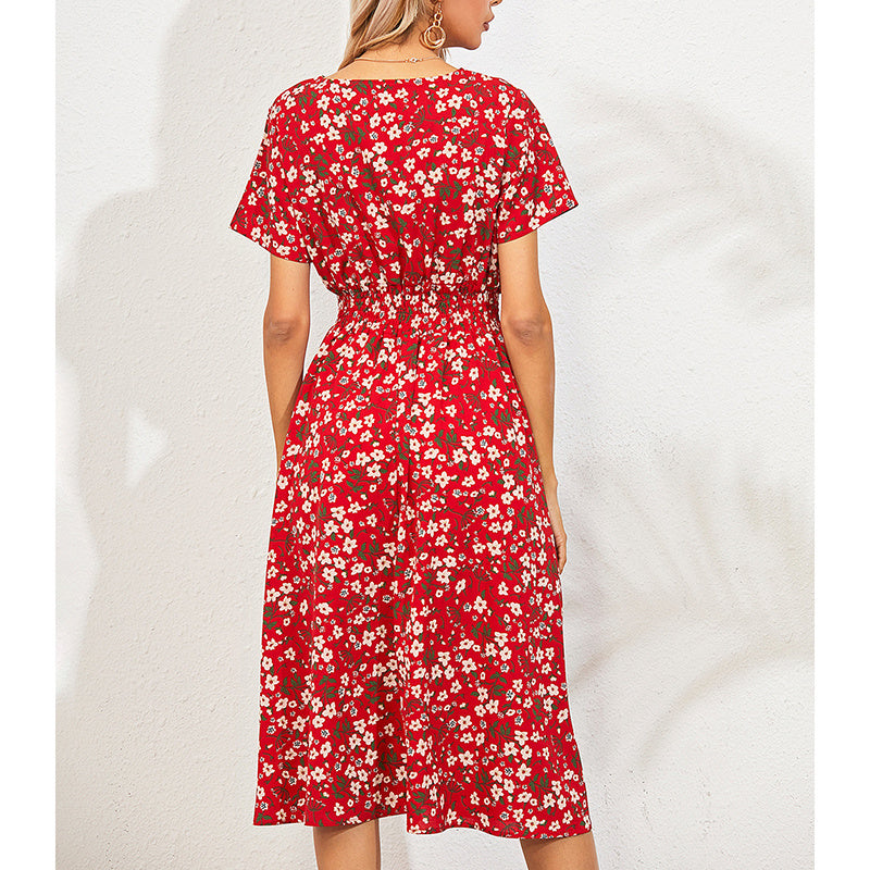 Boho V Neck Floral Print Short Sleeve Mini Dress Cute Smocked Waist Short Dress