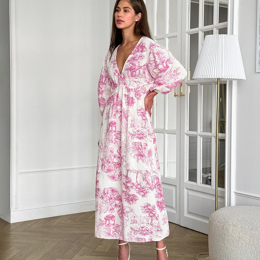 Elegant V-neck Lantern Sleeve All-matching Printed Dress