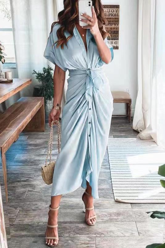 Short Sleeve Cuff Button down Collar V-neck Long Dress