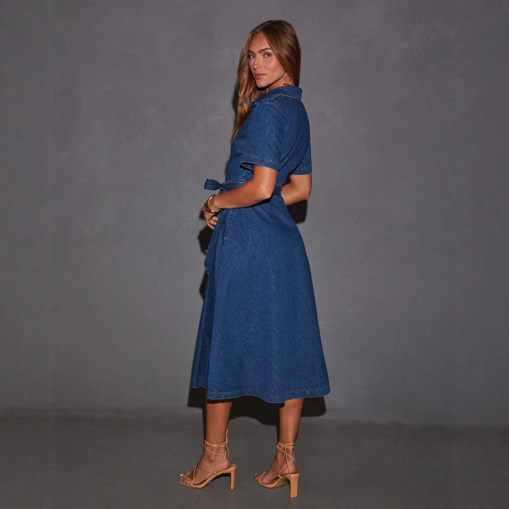 Retro V-neck Lace-up Denim Dress