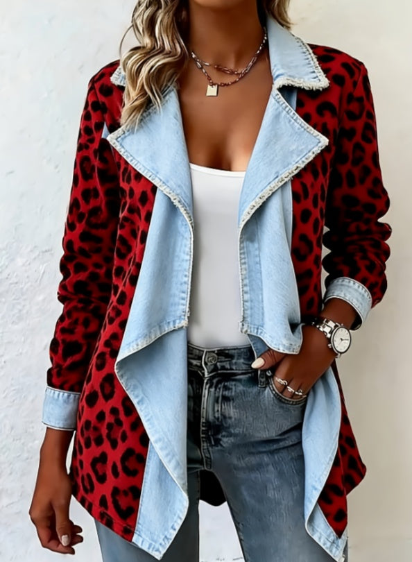 Patchwork Denim Collar Women's Long-sleeved Mid-length Coat