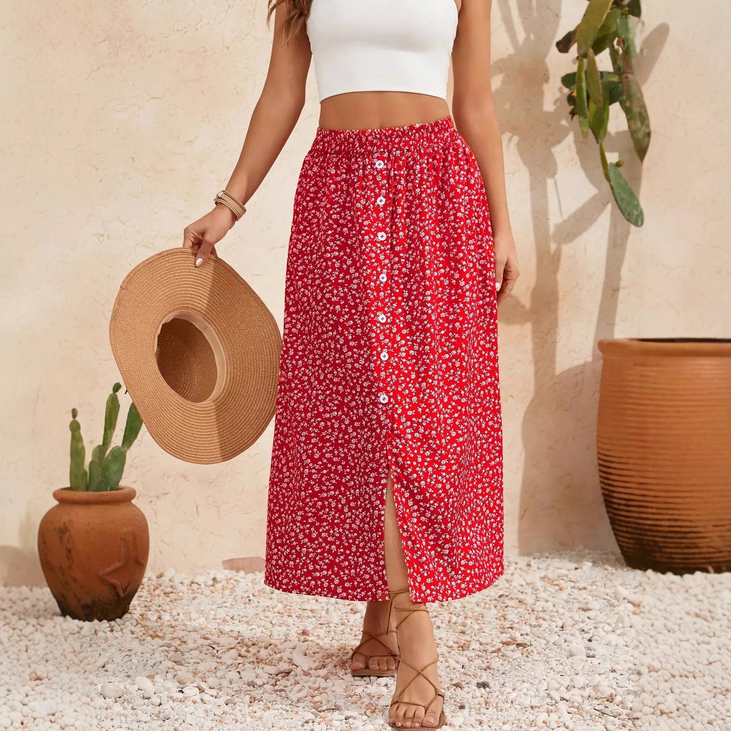 European And American Printed Breasted Self-tie Summer Pastoral A- Line Skirt Advanced Skirt
