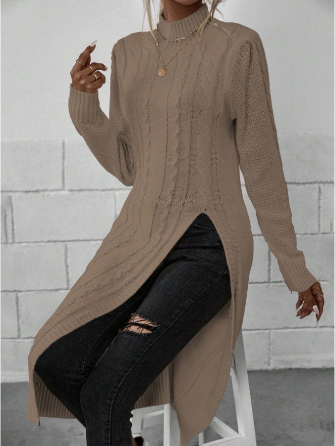 Women Crew Neck Long Sleeve Split Hem Minimalist Sweater