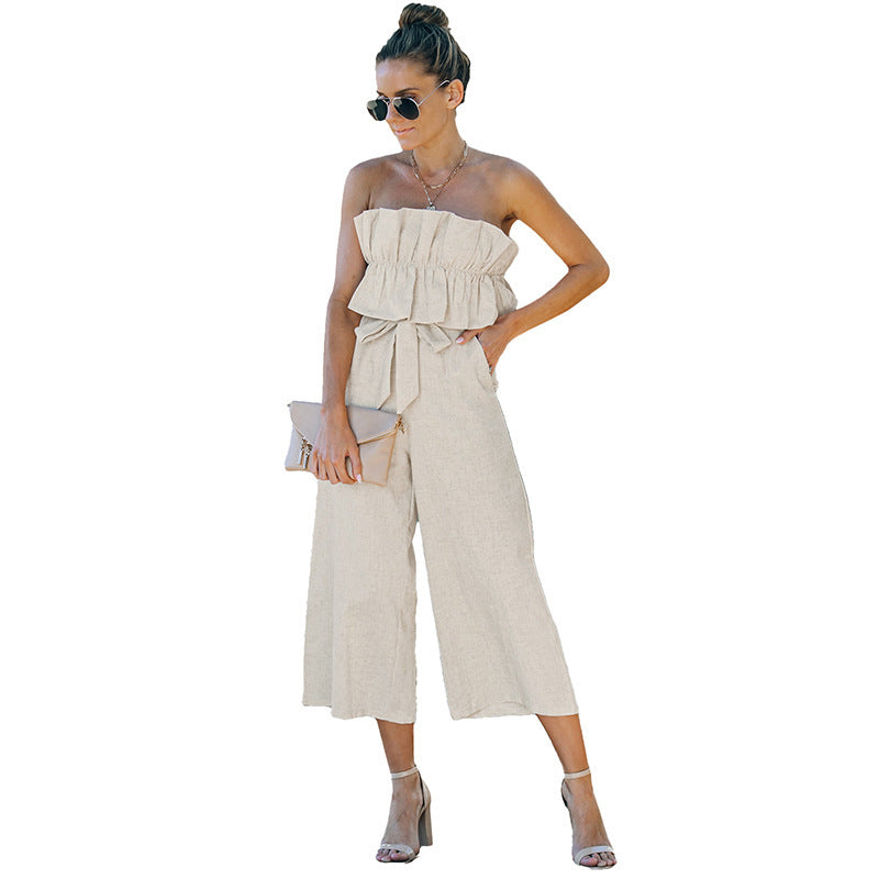 Sleeveless Pleated One-piece Ankle-length Pants